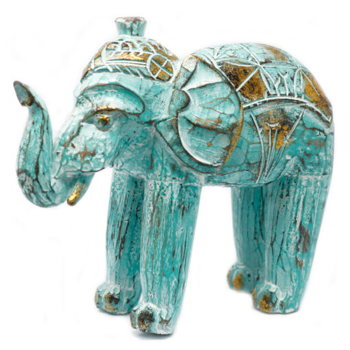 Elefante tallado en madera oro turquesa