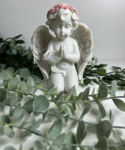 Figura angel querubín con corona rosas